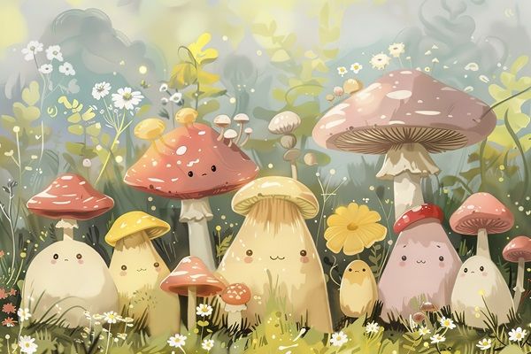 Micropsia - Dibujo animado de varias plantas y hongos con rostros debido a las alucinaciones