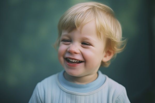 Niño de cabello rubio con suéter azul sonriendo