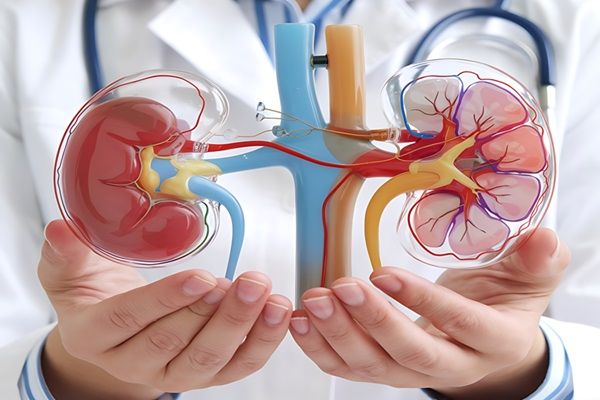 Médico sosteniendo en sus manos un modelo de la anatomía del riñón humano
