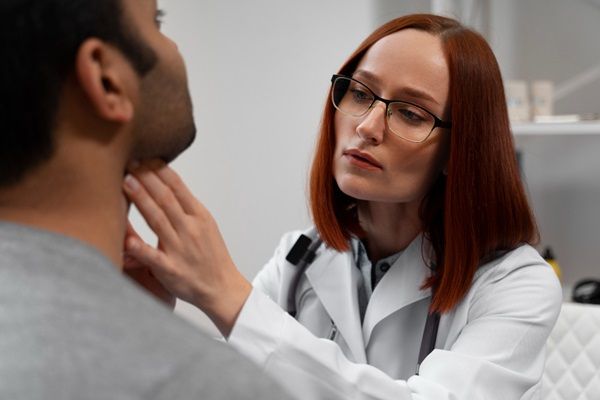 Enfermedad de Hashimoto dieta - Doctora evaluando el tamaño de las glándulas tiroideas de un hombre