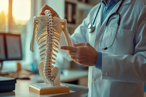 Espondilitis anquilosante esperanza de vida - Médico especialista señalando un modelo de la columna vertebral completa sobre una mesa