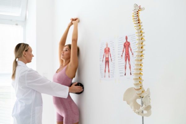 Espondilitis anquilosante esperanza de vida - Fisioterapeuta realizando ejercicios para aliviar el dolor de espalda de una mujer joven