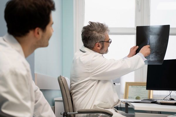 Espondilitis anquilosante esperanza de vida - Doctores observando una radiografía para diagnosticar alguna enfermedad en la columna vertebral