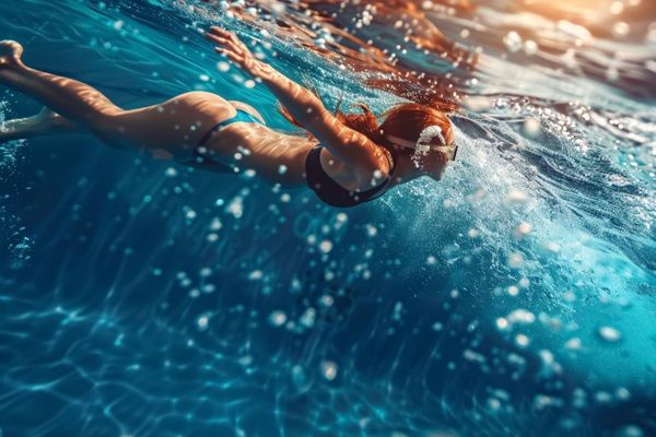 Mujer nadando en una piscina con lentes de buceo