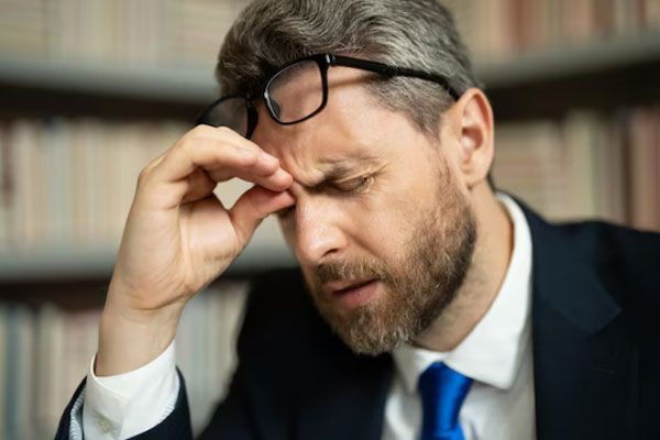 Blefaritis - Hombre estresado y cansado sufre de visión borrosa y de dolor de cabeza
