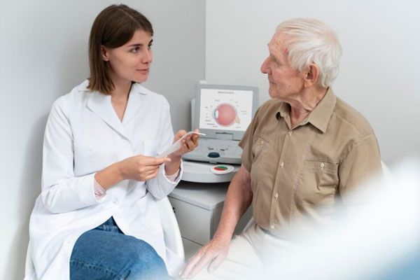 Blefaritis - Oftalmólogo examina los ojos de un adulto mayor