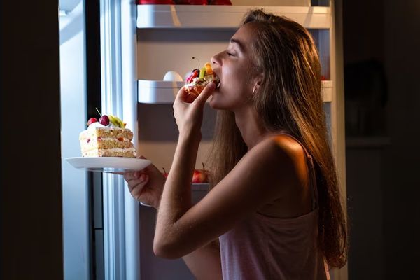 Bulimia nerviosa- Joven chica dandose atracones escondida en el refrigerador