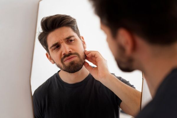Somatizar enfermedades- Hombre joven mirandose al espejo