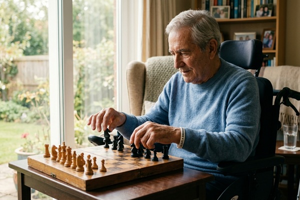 Hombre jugando ajedrez como terapia para la enfermedad de ELA