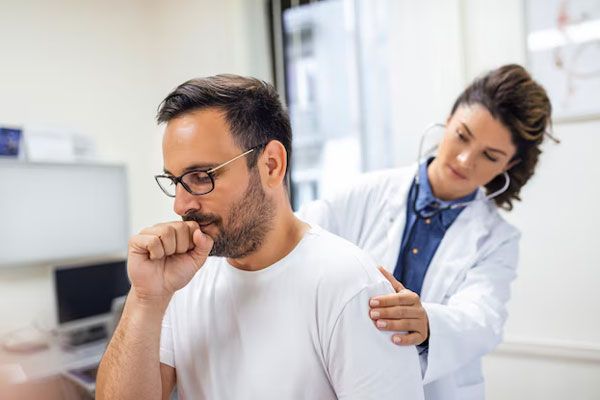 Pseudomonas aeruginosa - Doctora examina los pulmones de paciente con tos para descartar una neumonía