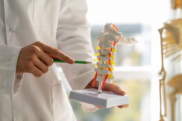 Médula ósea - Doctor señalando con un lápiz un fragmento de la columna vertebral