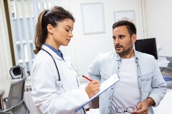 Doctora toma nota de los síntomas que refiere un paciente joven en su consultorio