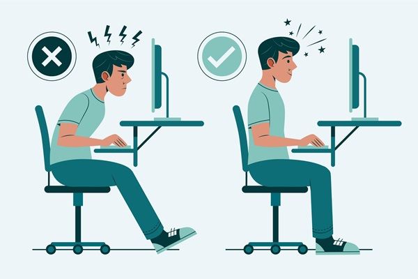 Representación gráfica de una mala y buena postura al momento de utilizar un ordenador, lo cual permite prevenir enfermedades musculoesqueléticas