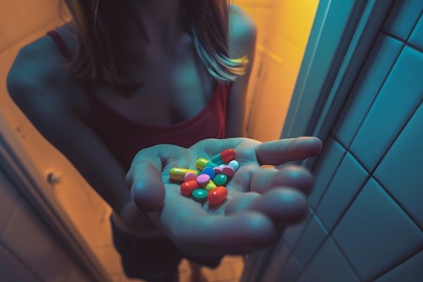 Drogadicción - Mujer sosteniendo varias pastillas narcóticas, las cuales consume por su problema de adicción a las drogas