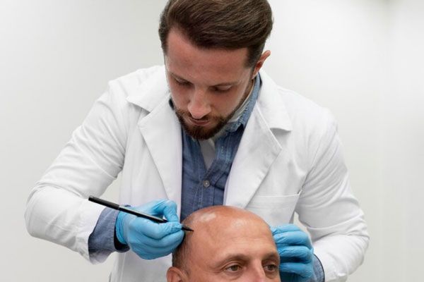 Cirujanos capilares de Madrid - Tricólogo trabaja en el diseño de un trasplante de cabello para un hombre con calvicie