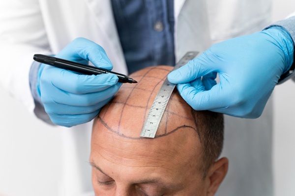 Injerto capilar Madrid - Médico especialista realizando el boceto del trasplante capilar Madrid a un hombre con pérdida de cabello avanzada