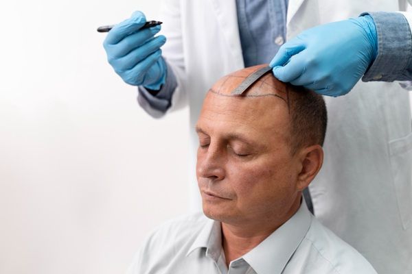 Médico tricólogo realizando el diseño de injerto de cabello a un hombre con alopecia avanzada