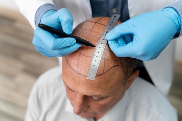 Técnicas implante capilar Madrid - Médico capilar realizando el boceto del trasplante capilar Madrid a un hombre con alopecia avanzada en la mejor clínica injerto capilar Madrid