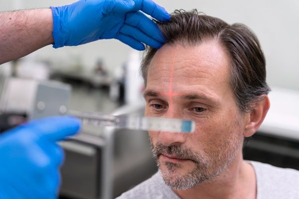 Técnicas implante capilar Madrid - Tricólogo evaluando el cabello y cuero cabelludo de un hombre con pérdida de pelo en las entradas en una de las mejores clínicas injerto capilar Madrid
