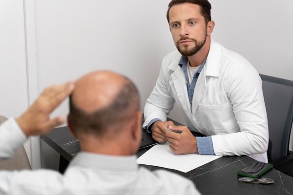 Mejor cirujano capilar España - Tricólogo evaluando a un paciente con alopecia avanzada en la mejor clínica injerto capilar Madrid