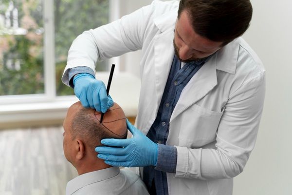 Mejor cirujano capilar España - Médico capilar realizando el boceto del injerto capilar Madrid a un hombre con pérdida de cabello en la coronilla