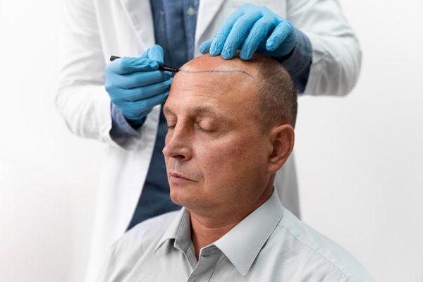 Mejor cirujano capilar España - Tricólogo realizando el boceto del trasplante capilar Madrid a un hombre con alopecia avanzada