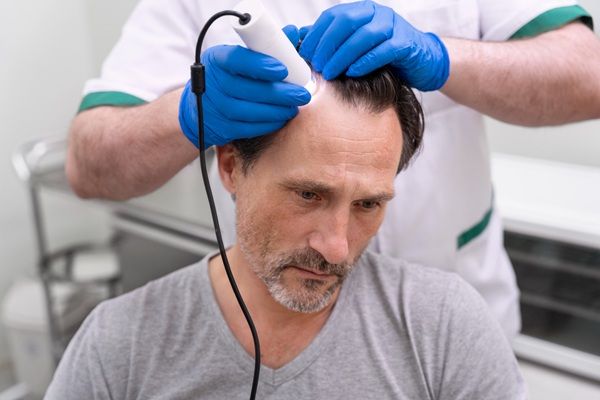 Mejor cirujano capilar España - Uno de los mejores doctores injerto capilar España evaluando el cuero cabelludo de un hombre con alopecia en la mejor clínica injerto capilar Madrid