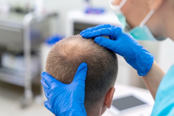 Tricólogo evaluando el cuero cabelludo de un hombre con alopecia en la coronilla