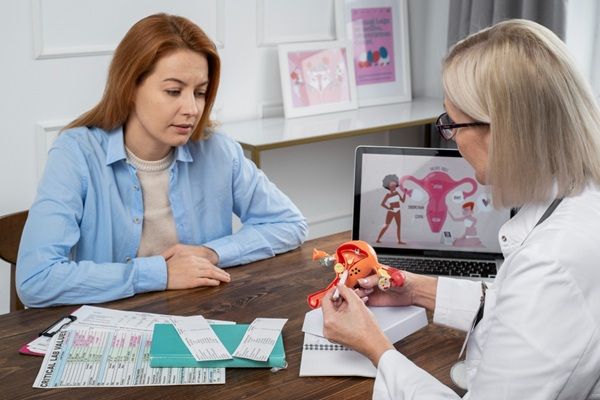 Enfermedades silenciosas - Médico explicando con una maqueta del cuello uterino a una mujer el efecto de una enfermedad silenciosa que puede ser mortal como el cáncer cervical