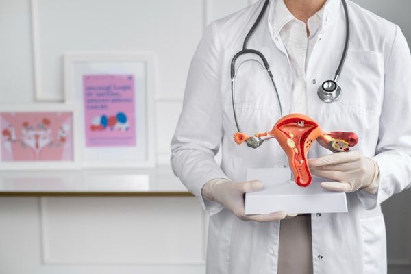VPH - Médico sosteniendo una maqueta de cuello uterino con infección de transmisión sexual