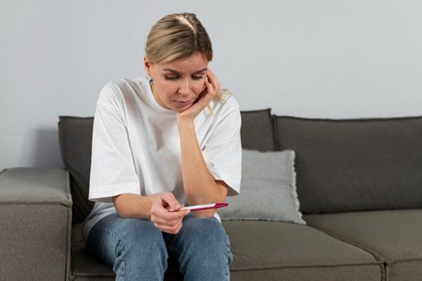 Síntomas del embarazo - Mujer observando una prueba casera para saber si está embarazada luego de los primeros síntomas embarazo