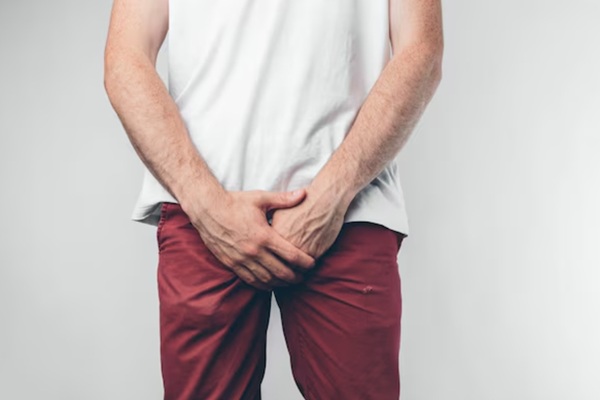 Balanitis - Hombre tacándose la zona inguinal debido al dolor que causa el glande irritado