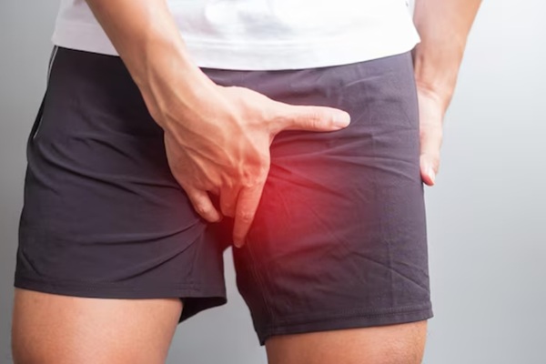 Persona con picor en la zona inguinal causado por la candidiasis en el hombre