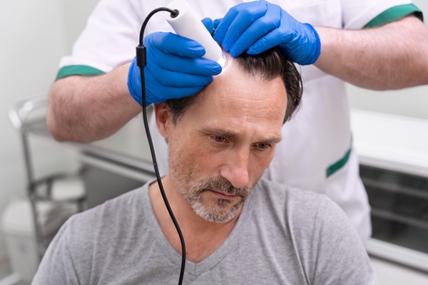 Implante capilar precio - Médico tricólogo evaluando el cuero cabelludo de un hombre con alopecia antes de realizar un implante capilar Madrid