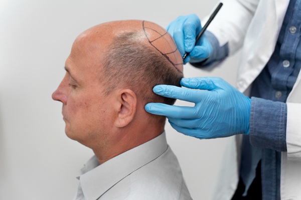 Médico tricólogo realizando el diseño del injerto capilar Madrid a un hombre con alopecia avanzada