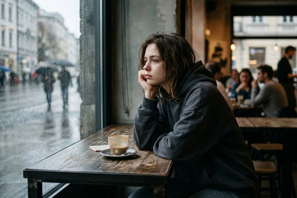 Apatía - Persona apática con tristeza en una cafetería ignorando lo que ocurre en su entorno