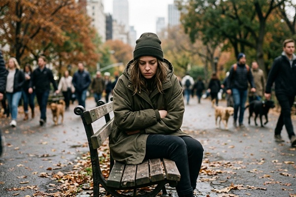 Apatía - Mujer en el parque con depresión uno de los síntomas de apatía más característicos