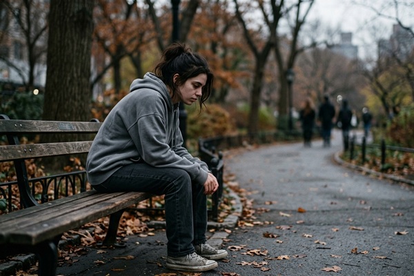 Apatía - Persona apática sentada en una banqueta del parque con falta de motivación