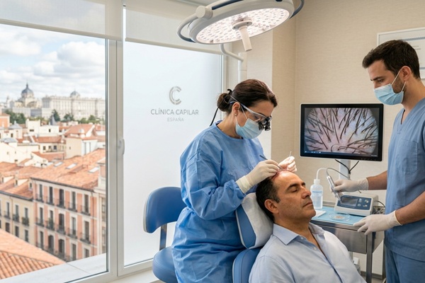 Injerto capilar España - Médico tricólogo realizando un trasplante de cabello a un hombre con alopecia en la mejor clínica injerto capilar España