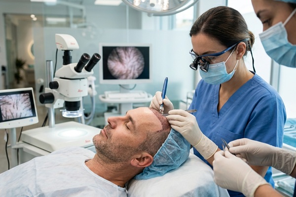 Médico tricólogo realizando el trasplante de cabello a un hombre con alopecia en las entradas