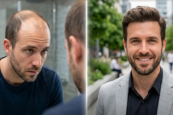 Injerto capilar antes y después - Imagen comparativa de un hombre antes y después del implante de cabello realizado en la mejor clínica injerto capilar España