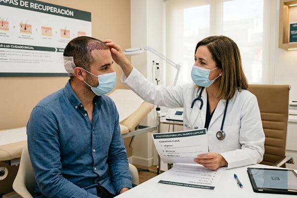 Médico tricólogo evaluando la evolución del trasplante de cabello en un hombre con alopecia avanzada