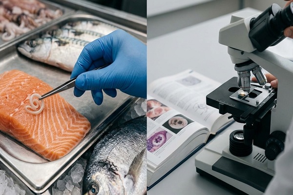 Anisakiasis - Científico observando pescados con anisakis bajo el microscopio