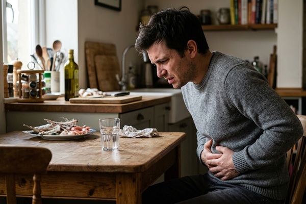 Hombre con dolores abdominales fuertes luego de comer pescados con anisakis