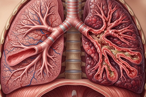 Bronquiectasia es mortal - Dibujo de un pulmón con los bronquios inflamados debido a una afección pulmonar de bronquiectasia