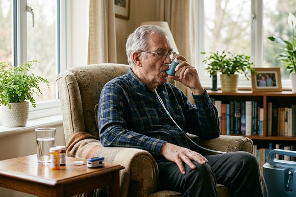 Bronquiectasia es mortal - Hombre mayor usando respiración asistida debido a una enfermedad respiratoria crónica