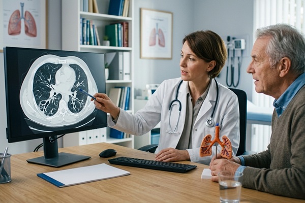 Doctora evaluando los pulmones de un hombre que presenta enfermedad respiratoria