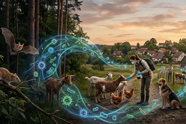 Enfermedades zoonóticas - Persona usando tapabocas para protegerse de las infecciones por animales al visitar un hábitat natural de diversas especies