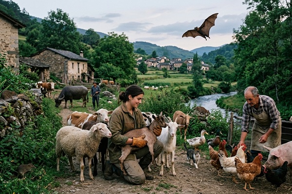 Enfermedades zoonóticas - Personas en una granja tocando varias especies de animales que transmiten las principales enfermedades zoonóticas