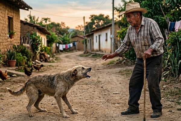 Enfermedades zoonóticas - Hombre mayor siendo atacado por un perro con rabia que transmite una de las principales enfermedades zoonóticas